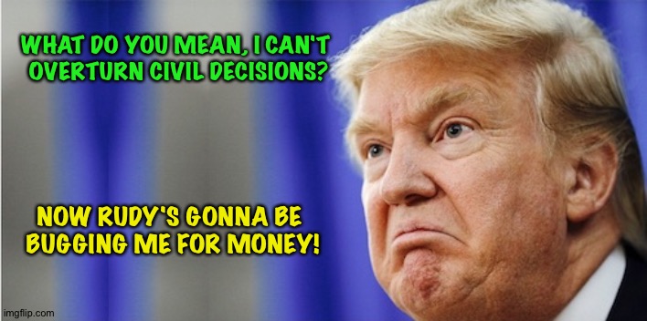 Just remember Rudy was acting on your behalf. | WHAT DO YOU MEAN, I CAN'T 
OVERTURN CIVIL DECISIONS? NOW RUDY'S GONNA BE 
BUGGING ME FOR MONEY! | image tagged in trump mad | made w/ Imgflip meme maker