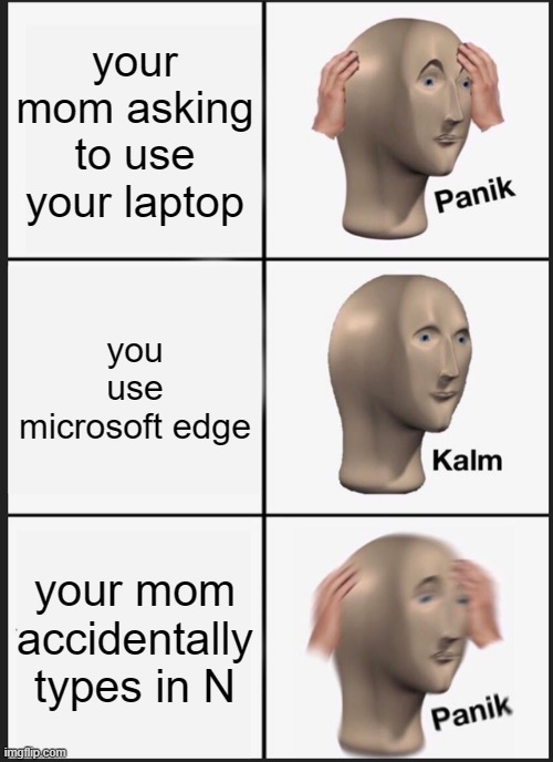 yay | your mom asking to use your laptop; you use microsoft edge; your mom accidentally types in N | image tagged in memes,panik kalm panik | made w/ Imgflip meme maker