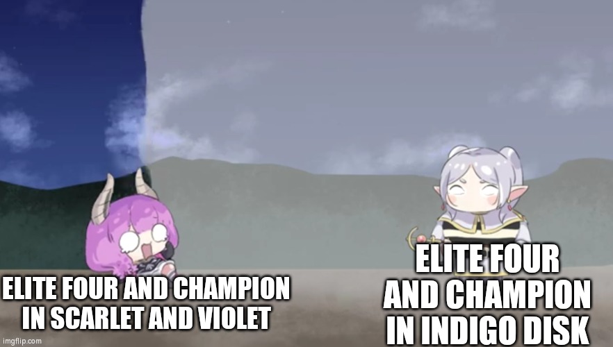 If Elite Four and Champion in S/V battle against Elite Four and Champion in Indigo Disk, they won't survive. | ELITE FOUR AND CHAMPION IN INDIGO DISK; ELITE FOUR AND CHAMPION IN SCARLET AND VIOLET | image tagged in memes,funny,pokemon,elite four,champions,battle | made w/ Imgflip meme maker