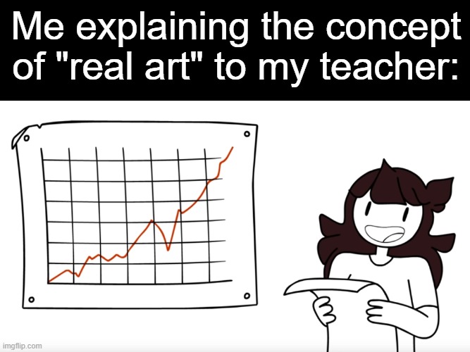 the art we make in school is terrible | Me explaining the concept of "real art" to my teacher: | image tagged in informant jaiden,art class,art,teachers | made w/ Imgflip meme maker
