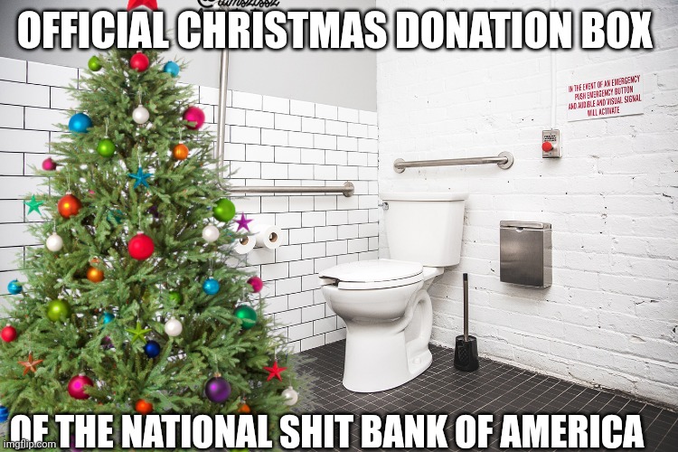 Christmas donations | OFFICIAL CHRISTMAS DONATION BOX; OF THE NATIONAL SHIT BANK OF AMERICA | image tagged in funny memes | made w/ Imgflip meme maker