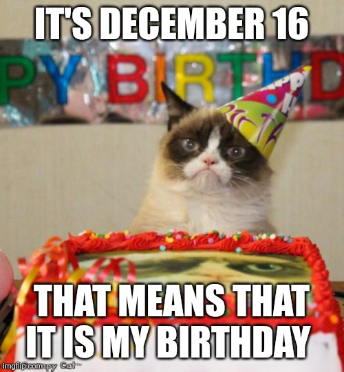 It's my birthday today | IT'S DECEMBER 16; THAT MEANS THAT IT IS MY BIRTHDAY | image tagged in memes,grumpy cat birthday,grumpy cat | made w/ Imgflip meme maker