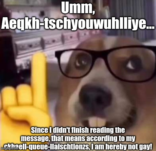 Umm actually | Umm, Aeqkh-tschyouwuhlliye... Since I didn't finish reading the message, that means according to my ckhaell-queue-llaischtionzs, I am hereby | image tagged in umm actually | made w/ Imgflip meme maker