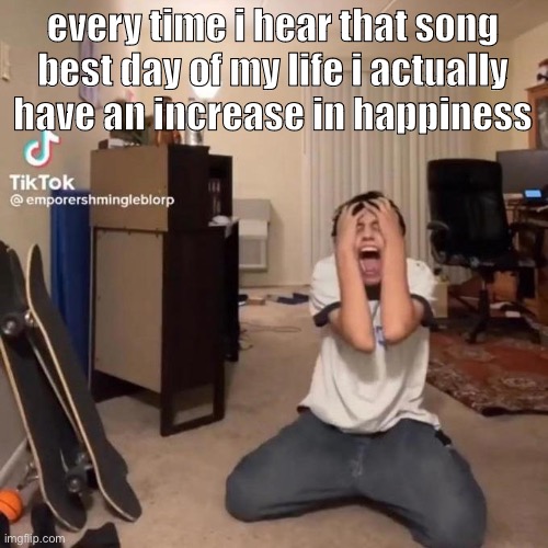 like fr ever since i first heard it i got unexpectedly jolly and full of joy | every time i hear that song best day of my life i actually have an increase in happiness | image tagged in me rn | made w/ Imgflip meme maker