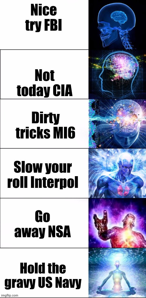 Nasty Tricks | Nice try FBI; Not today CIA; Dirty tricks MI6; Slow your roll Interpol; Go away NSA; Hold the gravy US Navy | image tagged in expanding brain,fbi | made w/ Imgflip meme maker