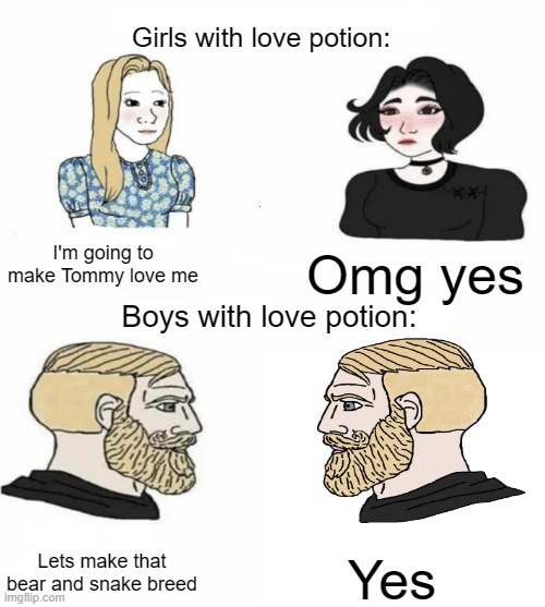 unfunny title | Girls with love potion:; I'm going to make Tommy love me; Omg yes; Boys with love potion:; Lets make that bear and snake breed; Yes | image tagged in love,potion,love potion,girls,boys | made w/ Imgflip meme maker