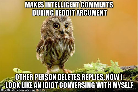 MAKES INTELLIGENT COMMENTS DURING REDDIT ARGUMENT OTHER PERSON DELETES REPLIES, NOW I LOOK LIKE AN IDIOT CONVERSING WITH MYSELF | image tagged in mixed feelings owl,AdviceAnimals | made w/ Imgflip meme maker