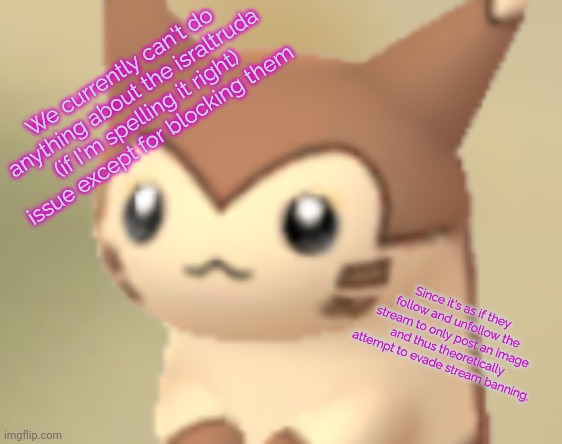 Only solution for now | We currently can't do anything about the israltruda (if I'm spelling it right) issue except for blocking them; Since it's as if they follow and unfollow the stream to only post an image and thus theoretically attempt to evade stream banning. | image tagged in nyakima's furret fren temp | made w/ Imgflip meme maker