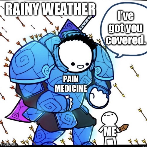 Arthritis Rain | RAINY WEATHER; I’ve got you covered. PAIN MEDICINE; ME | image tagged in raining arrows,pain,raining,painful,weather | made w/ Imgflip meme maker