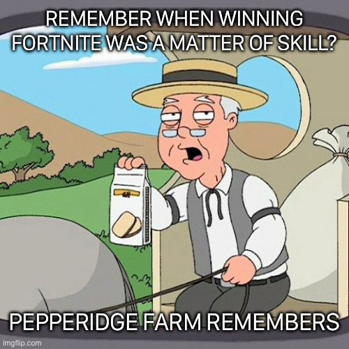 Know its about skins and bullshit | REMEMBER WHEN WINNING FORTNITE WAS A MATTER OF SKILL? PEPPERIDGE FARM REMEMBERS | image tagged in memes,pepperidge farm remembers | made w/ Imgflip meme maker
