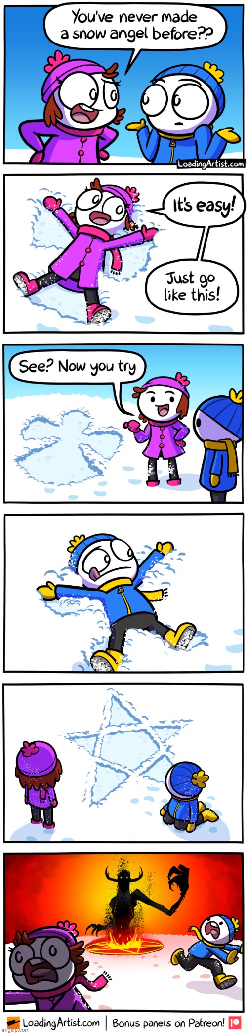 Happy holidays everyone! Credits to the LoadingArtist for this one. | image tagged in snow angel,funny,comics,the loading artist,winter | made w/ Imgflip meme maker
