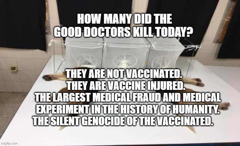 Fauci Beagles | HOW MANY DID THE GOOD DOCTORS KILL TODAY? THEY ARE NOT VACCINATED.      THEY ARE VACCINE INJURED.   
THE LARGEST MEDICAL FRAUD AND MEDICAL EXPERIMENT IN THE HISTORY OF HUMANITY. THE SILENT GENOCIDE OF THE VACCINATED. | image tagged in fauci beagles | made w/ Imgflip meme maker