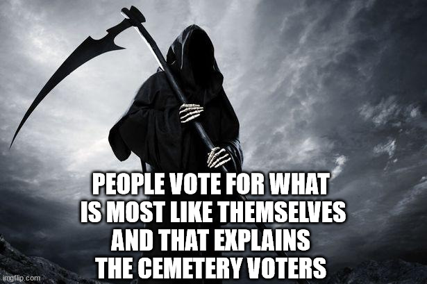 Cemetery Voters | PEOPLE VOTE FOR WHAT 
IS MOST LIKE THEMSELVES
AND THAT EXPLAINS 
THE CEMETERY VOTERS | image tagged in death,dead voters campaign,equal rights | made w/ Imgflip meme maker