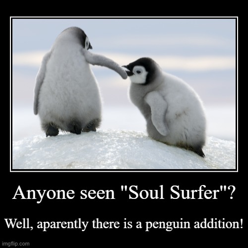 OMIGOODNESS | Anyone seen "Soul Surfer"? | Well, aparently there is a penguin addition! | image tagged in funny,demotivationals | made w/ Imgflip demotivational maker