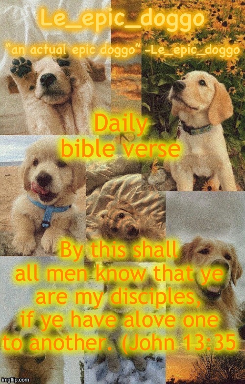 Doggo temp by doggo. Wait what that’s confusing | Daily bible verse; By this shall all men know that ye are my disciples, if ye have alove one to another. (John 13:35 | image tagged in doggo temp by doggo wait what that s confusing | made w/ Imgflip meme maker