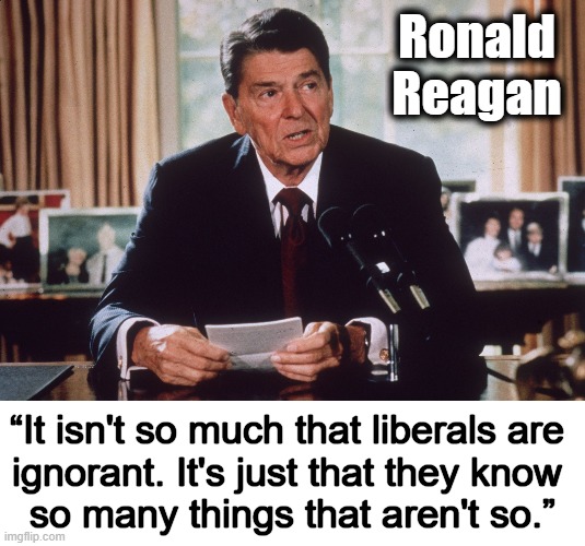 Reagan's Statement is Even More True Today . . . | Ronald Reagan; “It isn't so much that liberals are 
ignorant. It's just that they know 
so many things that aren't so.” | image tagged in ronald reagan,liberals,liberals vs conservatives,famous quotes,they don't know,the more you know | made w/ Imgflip meme maker