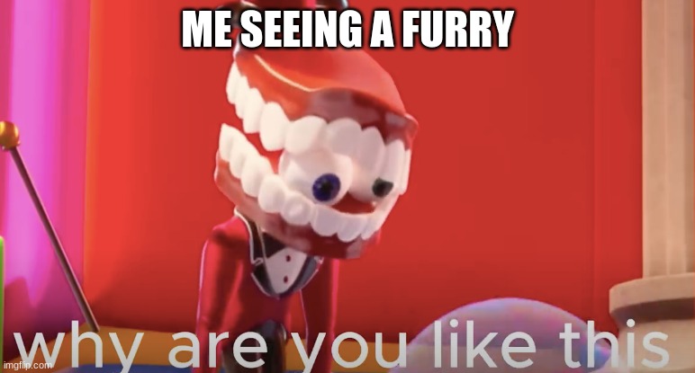 why are you like this | ME SEEING A FURRY | image tagged in caine why are you like this | made w/ Imgflip meme maker