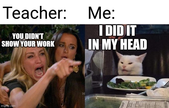 Woman Yelling At Cat | Teacher:; Me:; I DID IT IN MY HEAD; YOU DIDN'T SHOW YOUR WORK | image tagged in memes,woman yelling at cat | made w/ Imgflip meme maker