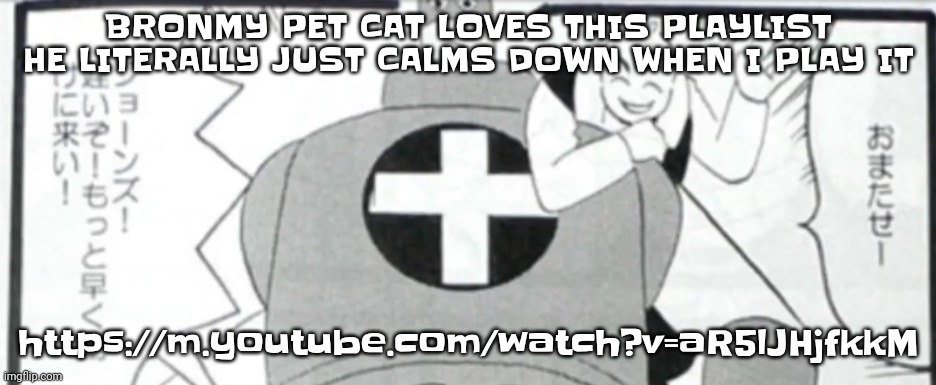 https://m.youtube.com/watch?v=aR5lJHjfkkM BRO | BRONMY PET CAT LOVES THIS PLAYLIST HE LITERALLY JUST CALMS DOWN WHEN I PLAY IT; https://m.youtube.com/watch?v=aR5lJHjfkkM | image tagged in osmosis jones manga | made w/ Imgflip meme maker