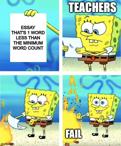 essay | TEACHERS; ESSAY THAT'S 1 WORD LESS THAN THE MINIMUM WORD COUNT; FAIL | image tagged in spongebob burning paper,essay,essays,word count,fail,school | made w/ Imgflip meme maker