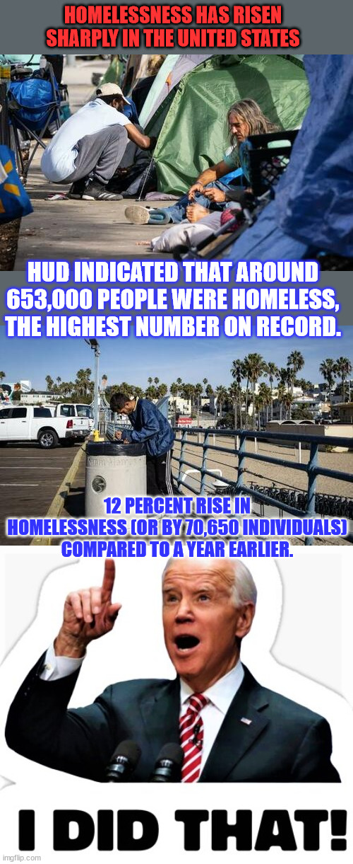 Bidenomics working as planned... | HOMELESSNESS HAS RISEN SHARPLY IN THE UNITED STATES; HUD INDICATED THAT AROUND 653,000 PEOPLE WERE HOMELESS, THE HIGHEST NUMBER ON RECORD. 12 PERCENT RISE IN HOMELESSNESS (OR BY 70,650 INDIVIDUALS) COMPARED TO A YEAR EARLIER. | image tagged in biden - i did that,biden,economics,working | made w/ Imgflip meme maker