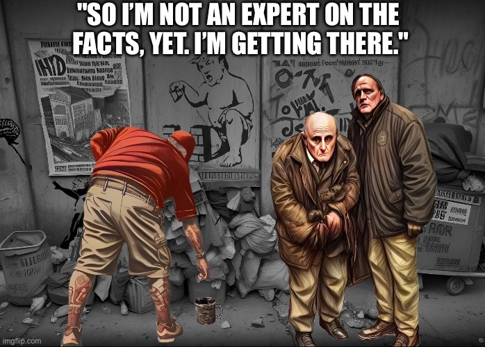 Poor Rudy Giuliani | "SO I’M NOT AN EXPERT ON THE 
FACTS, YET. I’M GETTING THERE." | image tagged in poor rudy giuliani | made w/ Imgflip meme maker