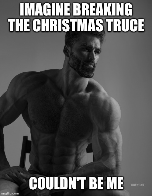 Giga Chad | IMAGINE BREAKING THE CHRISTMAS TRUCE; COULDN'T BE ME | image tagged in giga chad | made w/ Imgflip meme maker