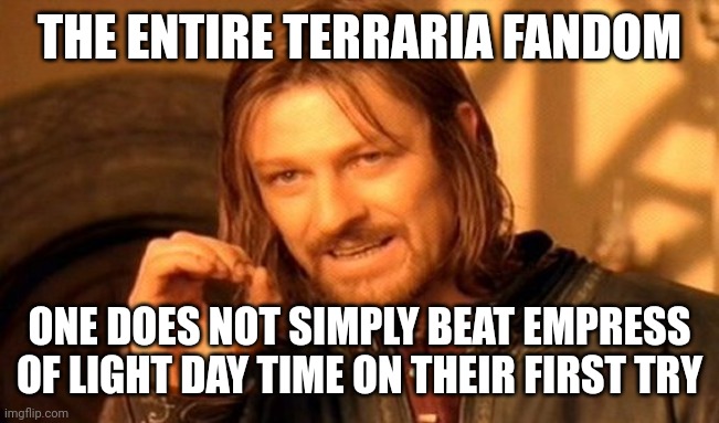 One Does Not Simply Meme | THE ENTIRE TERRARIA FANDOM; ONE DOES NOT SIMPLY BEAT EMPRESS OF LIGHT DAY TIME ON THEIR FIRST TRY | image tagged in memes,one does not simply | made w/ Imgflip meme maker