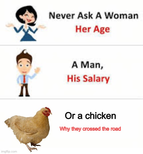 Never ask EVER! | Or a chicken; Why they crossed the road | image tagged in never ask a woman her age,memes,funny,funny memes,fun,meme | made w/ Imgflip meme maker