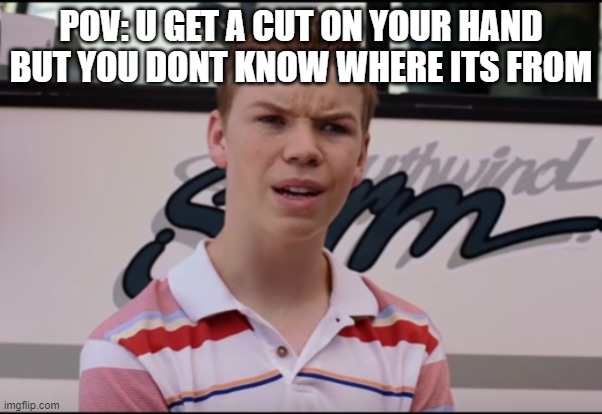 wha? | POV: U GET A CUT ON YOUR HAND BUT YOU DONT KNOW WHERE ITS FROM | image tagged in what,funny,meme,relatable,omg,lol | made w/ Imgflip meme maker