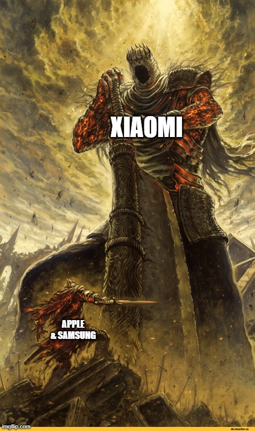 Giant vs man | XIAOMI APPLE & SAMSUNG | image tagged in giant vs man | made w/ Imgflip meme maker