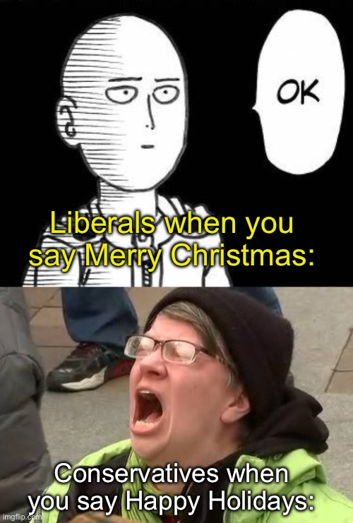 Despite climate change, the snowflakes are out in full force. | Liberals when you say Merry Christmas:; Conservatives when you say Happy Holidays: | image tagged in screaming trump protester at inauguration,saitama,happy holidays,merry christmas,war on christmas | made w/ Imgflip meme maker