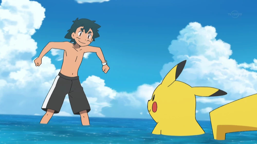 High Quality Ash & Pikachu Playing wioth each other in the water Blank Meme Template