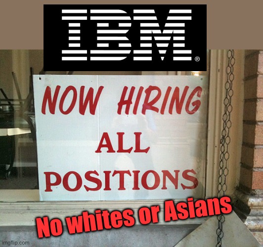 IBM Racist Hiring Practices | No whites or Asians | image tagged in now hiring,racist,asian,political meme,politics,white people | made w/ Imgflip meme maker
