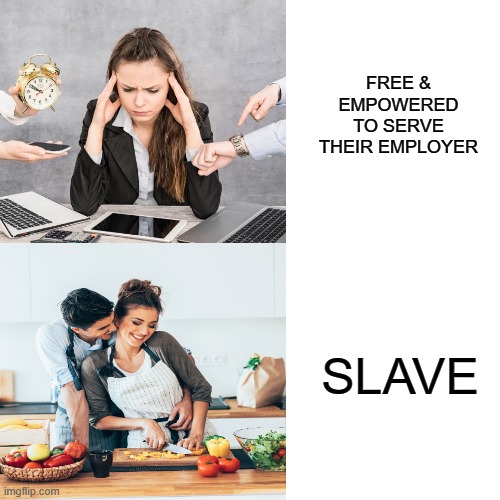 The cognitive dissonance of feminism and capitalism | FREE & EMPOWERED TO SERVE THEIR EMPLOYER; SLAVE | image tagged in memes,drake hotline bling | made w/ Imgflip meme maker