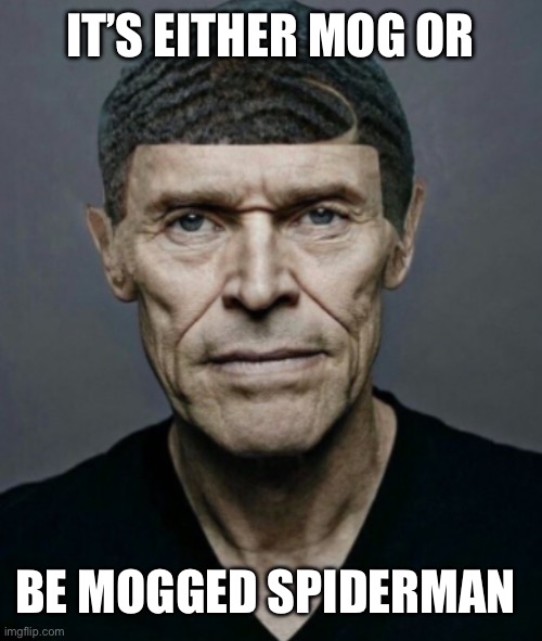 Willem Dafoe Psl Goat | IT’S EITHER MOG OR; BE MOGGED SPIDERMAN | image tagged in funny memes,funny,willem dafoe | made w/ Imgflip meme maker