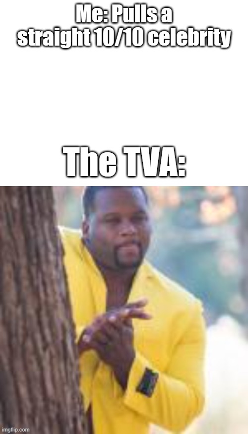 This will never happen, but if it did, this WOULD be my luck. | Me: Pulls a straight 10/10 celebrity; The TVA: | image tagged in funny memes | made w/ Imgflip meme maker