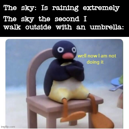 How many times does this bullshit happen? | The sky: Is raining extremely; The sky the second I walk outside with an umbrella: | image tagged in well now i am not doing it,memes | made w/ Imgflip meme maker