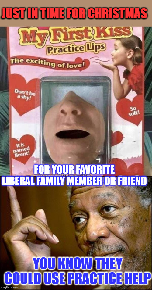 Christmas gift ideas | JUST IN TIME FOR CHRISTMAS FOR YOUR FAVORITE LIBERAL FAMILY MEMBER OR FRIEND YOU KNOW THEY COULD USE PRACTICE HELP | image tagged in this morgan freeman,stupid liberals,first,kiss,help | made w/ Imgflip meme maker