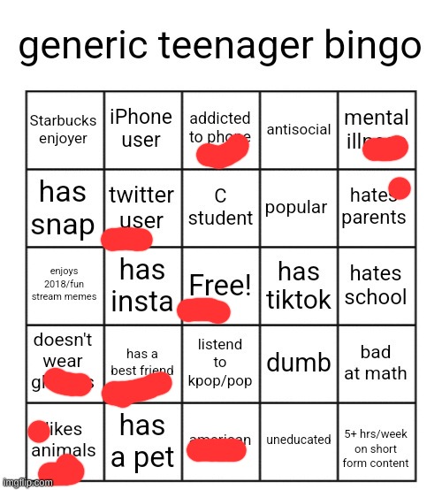 generic teenager bingo | image tagged in generic teenager bingo | made w/ Imgflip meme maker