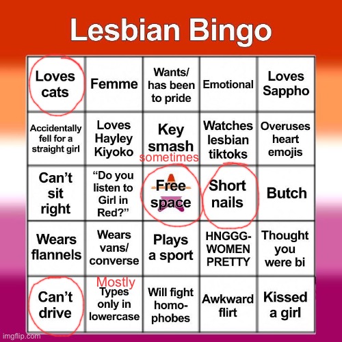 1. Why does liking cats makes you lesbian 2. Why am I doing this when I’m a straight girl | sometimes; Mostly | image tagged in lesbian bingo | made w/ Imgflip meme maker