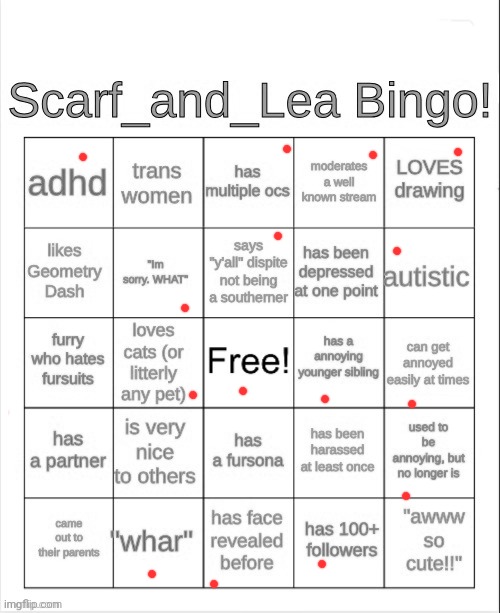 Scarf_and_Lea Bingo | image tagged in scarf_and_lea bingo | made w/ Imgflip meme maker
