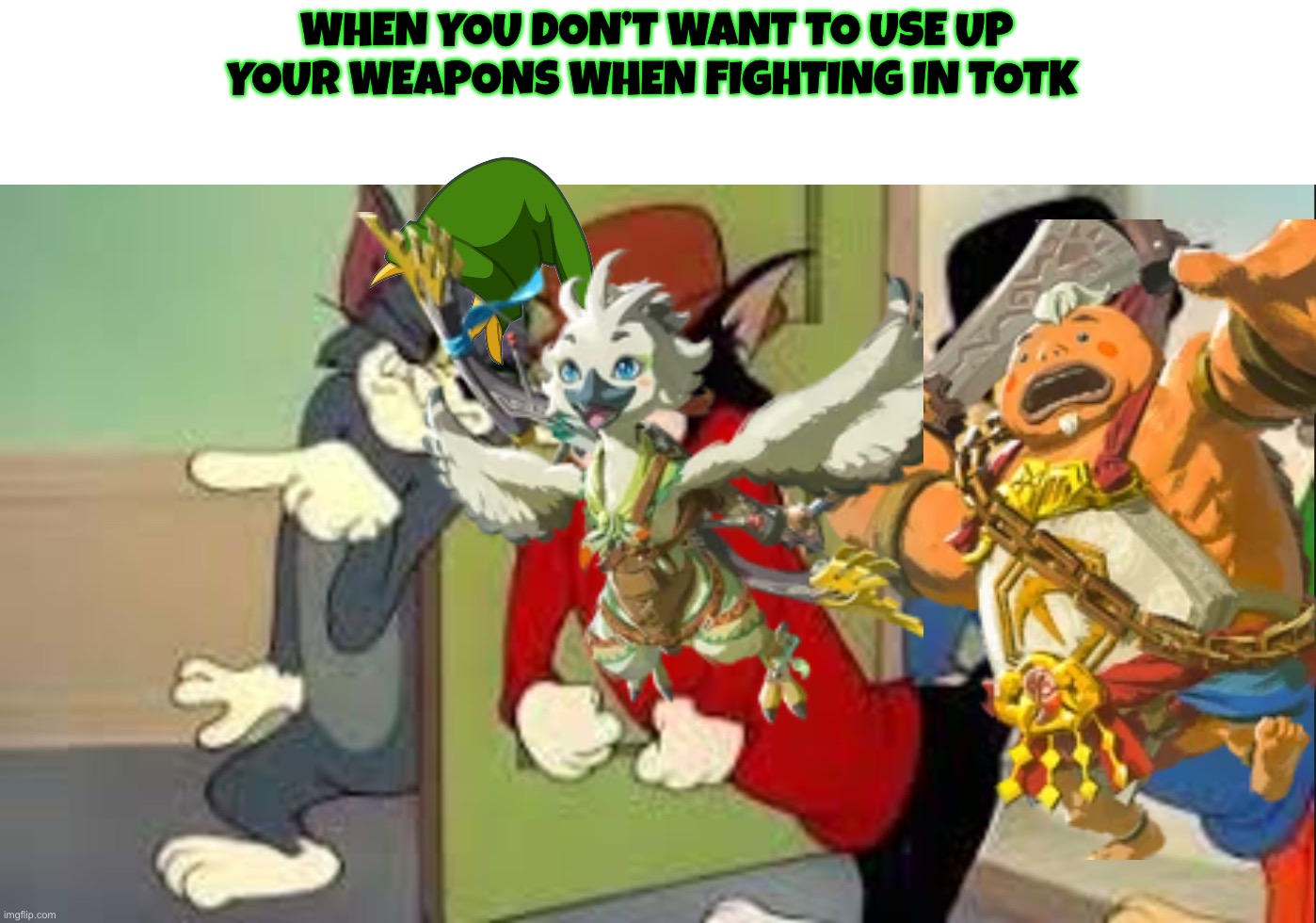 They’re pretty helpful sometimes | WHEN YOU DON’T WANT TO USE UP YOUR WEAPONS WHEN FIGHTING IN TOTK | image tagged in tom and jerry goons,legend of zelda | made w/ Imgflip meme maker