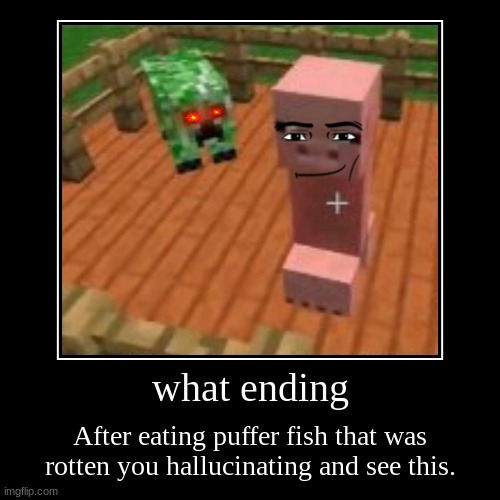 minecraft what ending | what ending | After eating puffer fish that was rotten you hallucinating and see this. | image tagged in funny,demotivationals,minecraft memes | made w/ Imgflip demotivational maker