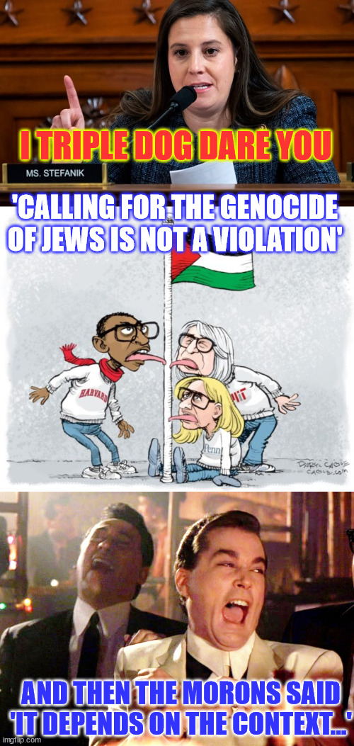 You just can't make this schiff up... | I TRIPLE-DOG DARE YOU; 'CALLING FOR THE GENOCIDE OF JEWS IS NOT A VIOLATION'; AND THEN THE MORONS SAID 'IT DEPENDS ON THE CONTEXT...' | image tagged in elise stefanik,memes,good fellas hilarious,liberal,higher education,morons | made w/ Imgflip meme maker