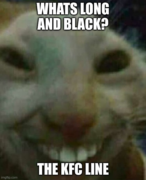 Cat smiling | WHATS LONG AND BLACK? THE KFC LINE | image tagged in cat smiling | made w/ Imgflip meme maker