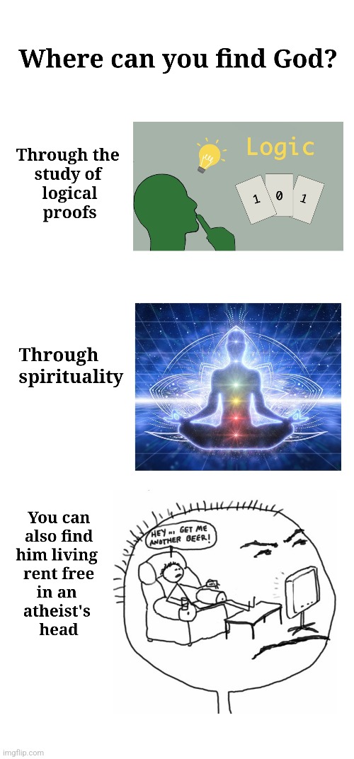 How to find God? | HOW TO FIND GOD? LIVING RENT FREE IN AN ATHEIST'S HEAD | image tagged in god,christianity,theism,atheism,atheist | made w/ Imgflip meme maker
