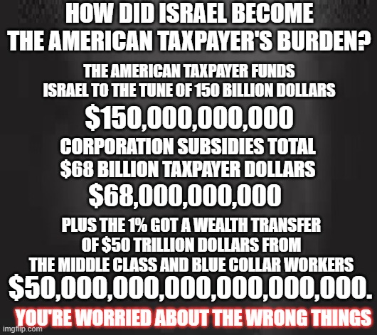 Israel American Taxpayer's Burden | HOW DID ISRAEL BECOME THE AMERICAN TAXPAYER'S BURDEN? THE AMERICAN TAXPAYER FUNDS ISRAEL TO THE TUNE OF 150 BILLION DOLLARS; $150,000,000,000; CORPORATION SUBSIDIES TOTAL $68 BILLION TAXPAYER DOLLARS; $68,000,000,000; PLUS THE 1% GOT A WEALTH TRANSFER OF $50 TRILLION DOLLARS FROM THE MIDDLE CLASS AND BLUE COLLAR WORKERS; $50,000,000,000,000,000,000. YOU'RE WORRIED ABOUT THE WRONG THINGS | image tagged in israel,taxpayer,taxpayers,jews,jewish | made w/ Imgflip meme maker