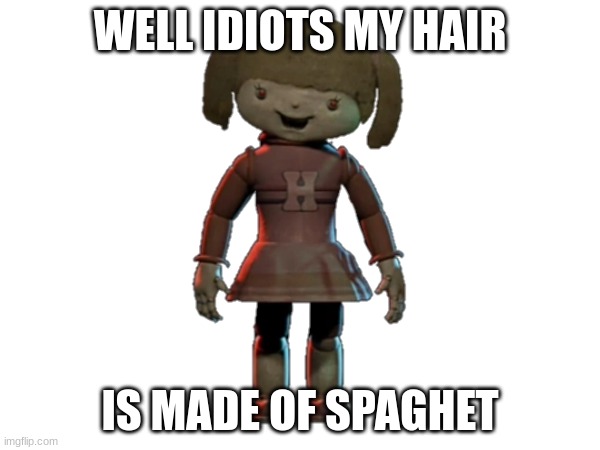 hetty spagetti | WELL IDIOTS MY HAIR; IS MADE OF SPAGHET | image tagged in fnaf | made w/ Imgflip meme maker