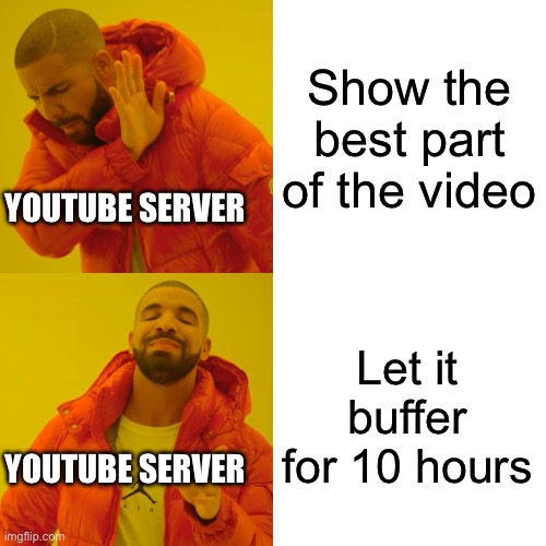 So true | Show the best part of the video; YOUTUBE SERVER; Let it buffer for 10 hours; YOUTUBE SERVER | image tagged in memes,drake hotline bling | made w/ Imgflip meme maker